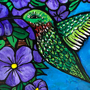 Hummingbird Painting Original - Green Humming Bird with Purple Petunia Flower Basket - Green, Purple, and Blue Framed Wall Art Decor