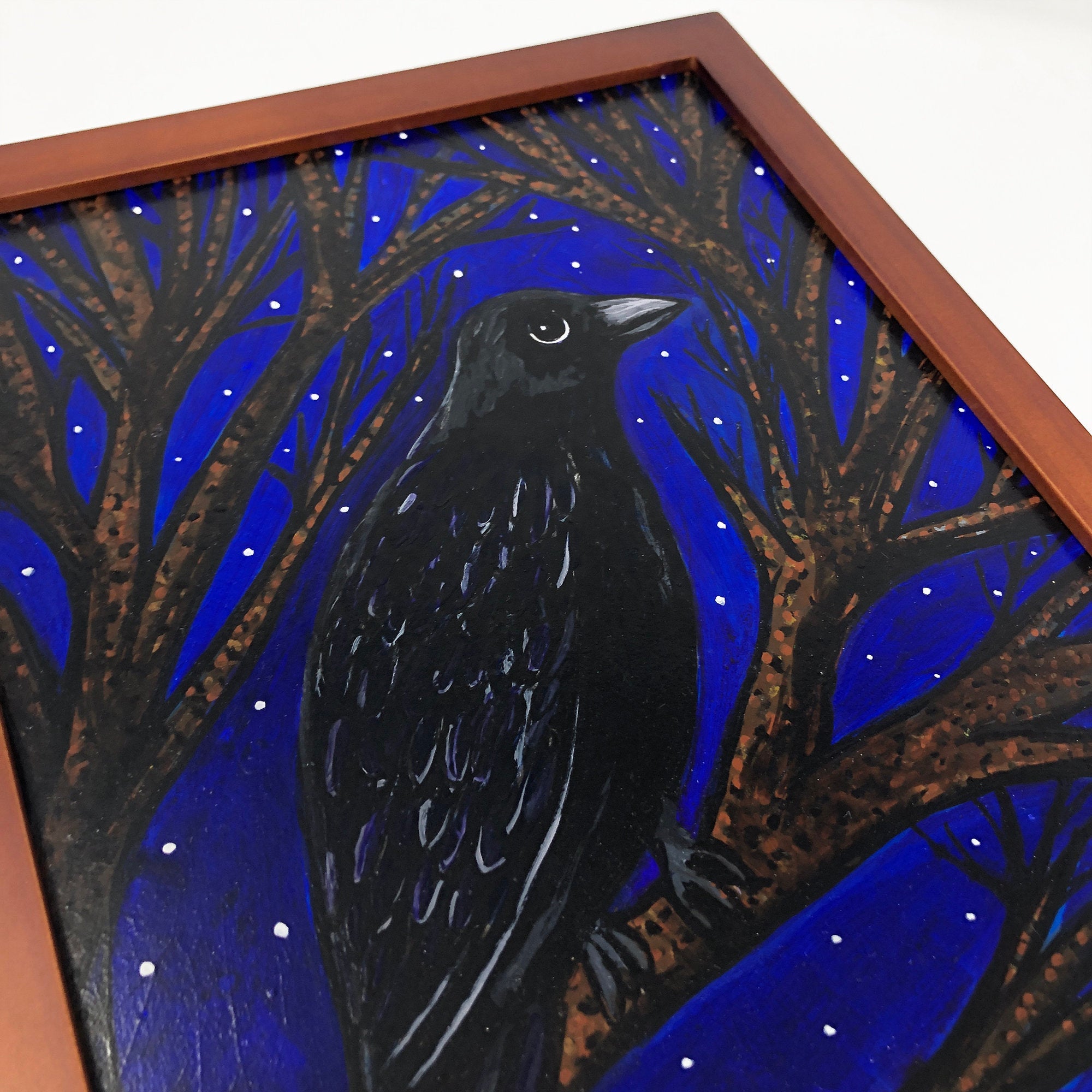 Raven Painting Original - Black Bird at Night Time with Stars Art - 9 x 12 Acrylic Painting - Raven Wall Decor