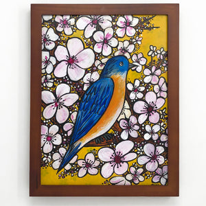 BlueBird Painting Original - Blue Bird with Cherry Blossom Tree - Framed Bird Wall Art Decor by Claudine Intner