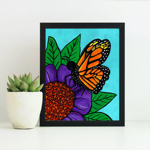 Monarch Butterfly Art Print - Butterfly on Purple and Red Flower - Colorful 8 x 10 inch Insect Print with Optional Black Mat - Animal Art