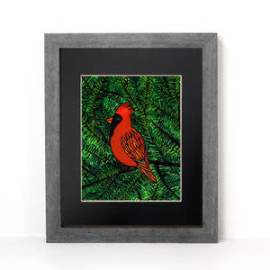 Cardinal Art Print - 8x10 Bird Print with Optional Black Mat - Cardinal in Pine Tree - Nature and Animal Art