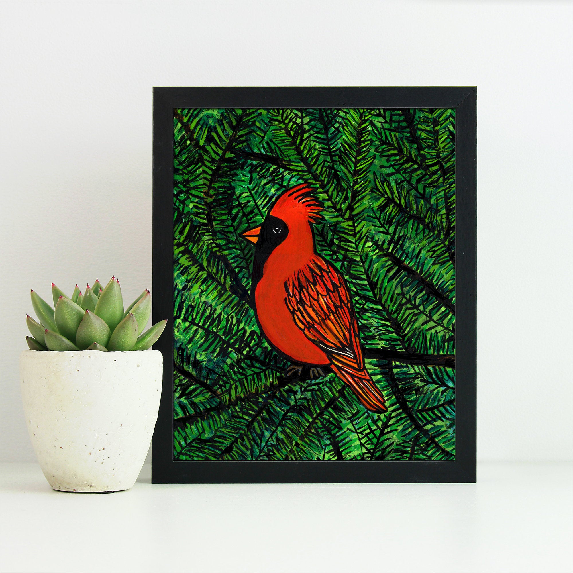 Cardinal Art Print - 8x10 Bird Print with Optional Black Mat - Cardinal in Pine Tree - Nature and Animal Art