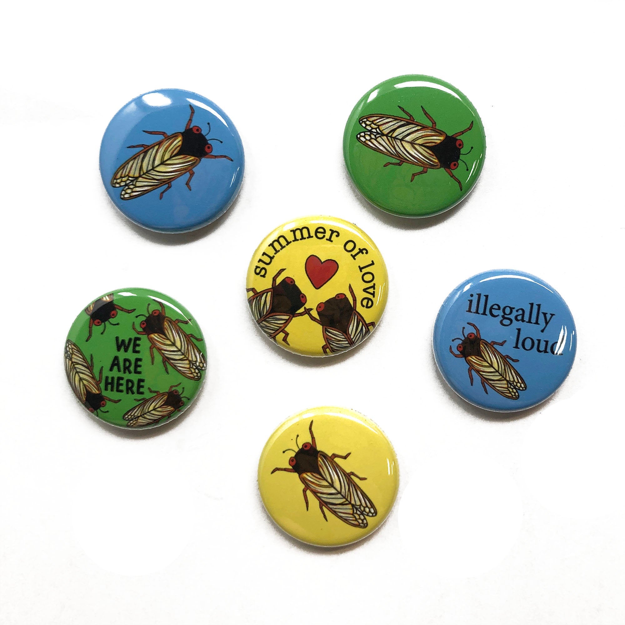 Cicada Magnet or Cicada Pin Back Button Set - Brood X - Cicada Summer 2021 - Insect Pins or Magnets - Set of 6, One inch