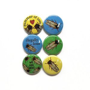 Cicada Magnet or Cicada Pin Back Button Set - Brood X - Cicada Summer 2021 - Insect Pins or Magnets - Set of 6, One inch