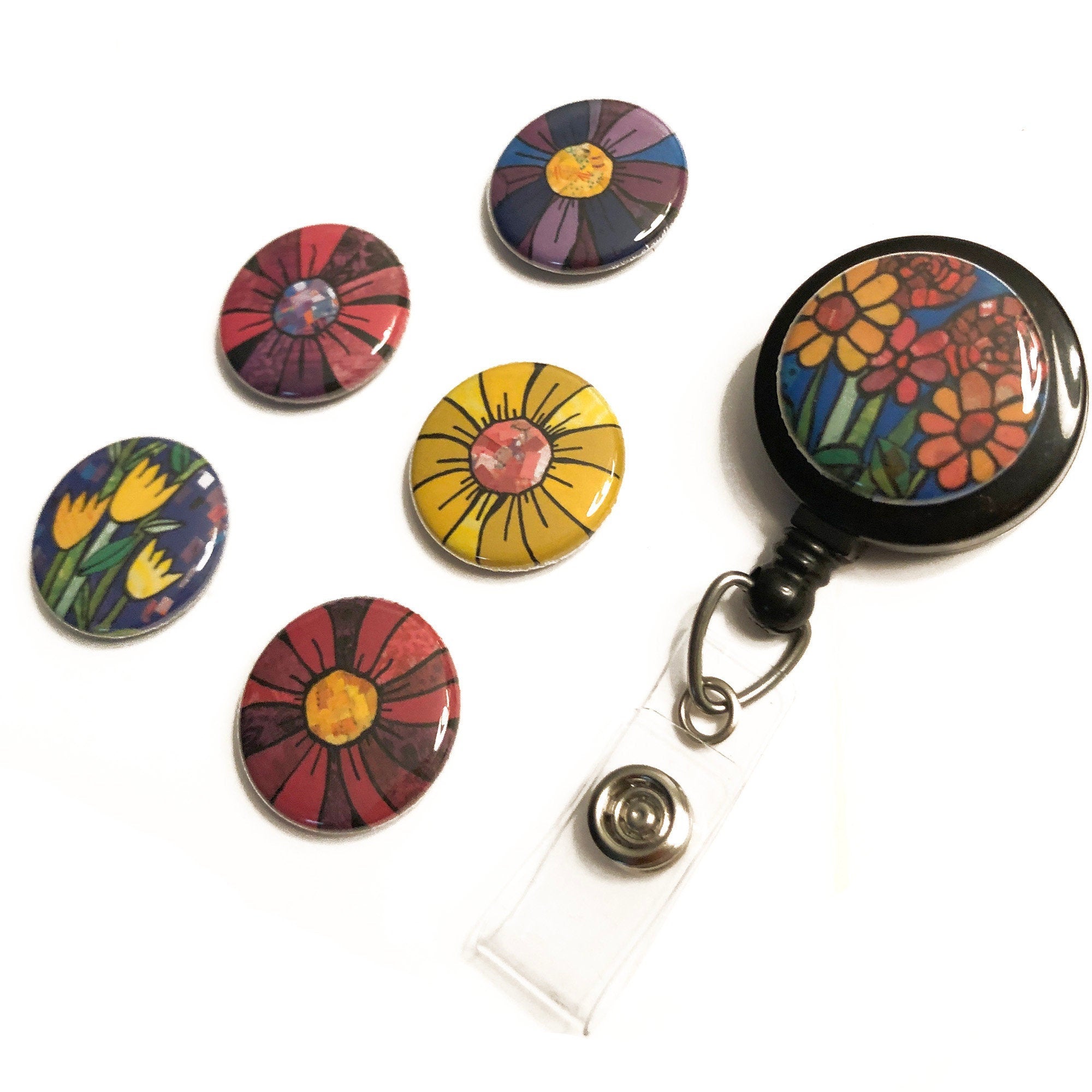 Interchangeable Flower ID Badge Reel or Lanyard - Flower ID Badge Holder with 6 designs, magnetic badge reel, nurse badge holder, work gift