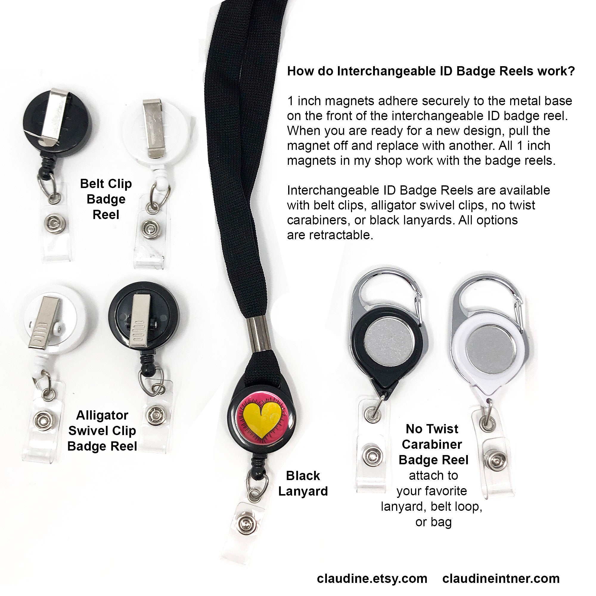Interchangeable Badge Reel or ID Lanyard for Nurse, Teacher, Co-worker Gift - Magnetic ID Badge Holder with 6 Different Magnet Designs Black Carabiner