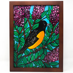 Original Oriole Painting - Bird in Crape Myrtle Tree Art - Brightly Colored Wall Art Decor - Framed Animal Art by Claudine Intner