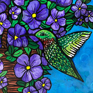 Hummingbird Painting Original - Green Humming Bird with Purple Petunia Flower Basket - Green, Purple, and Blue Framed Wall Art Decor
