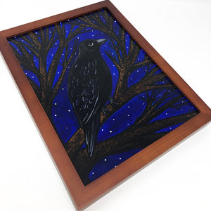 Raven Painting Original - Black Bird at Night Time with Stars Art - 9 x 12 Acrylic Painting - Raven Wall Decor