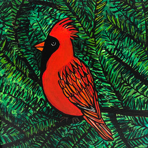 Red Cardinal Painting Original - Red Bird in Green Pine Tree - 9 x 12 Acrylic Painting - Framed Bird Wall Art Decor by Claudine Intner