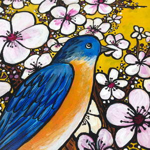 BlueBird Painting Original - Blue Bird with Cherry Blossom Tree - Framed Bird Wall Art Decor by Claudine Intner
