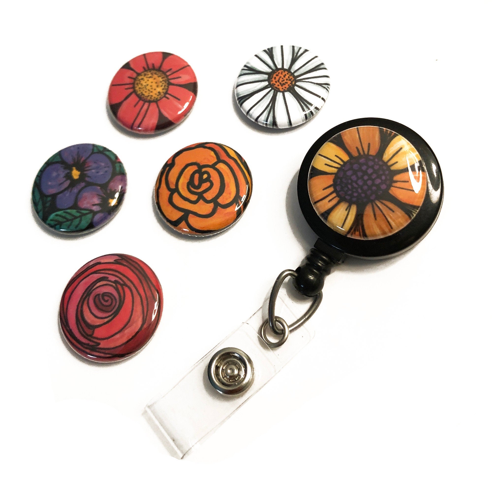 Interchangeable Magnetic Flower ID Badge Reel or Lanyard White Carabiner