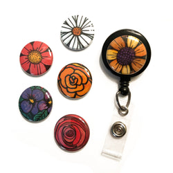 Flower ID Badge Reel or ID Lanyard - Interchangeable Badge Holder with 6 Floral Magnets - Nurse, Co-Worker, Teacher Gift