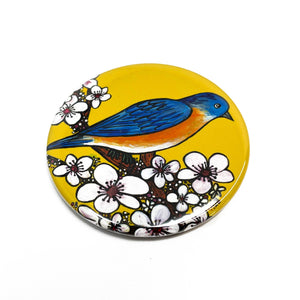 BlueBird Magnet, Pin Back Button, or Pocket Mirror - Blue Bird Fridge Magnet, Pinback Button Badge, Purse Mirror - Cherry Blossoms
