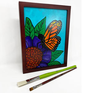 Monarch Butterfly Painting with Flower - Framed Floral Art with Butterfly - 9x12 inches - Original Acrylic Bright Colored Wall Art