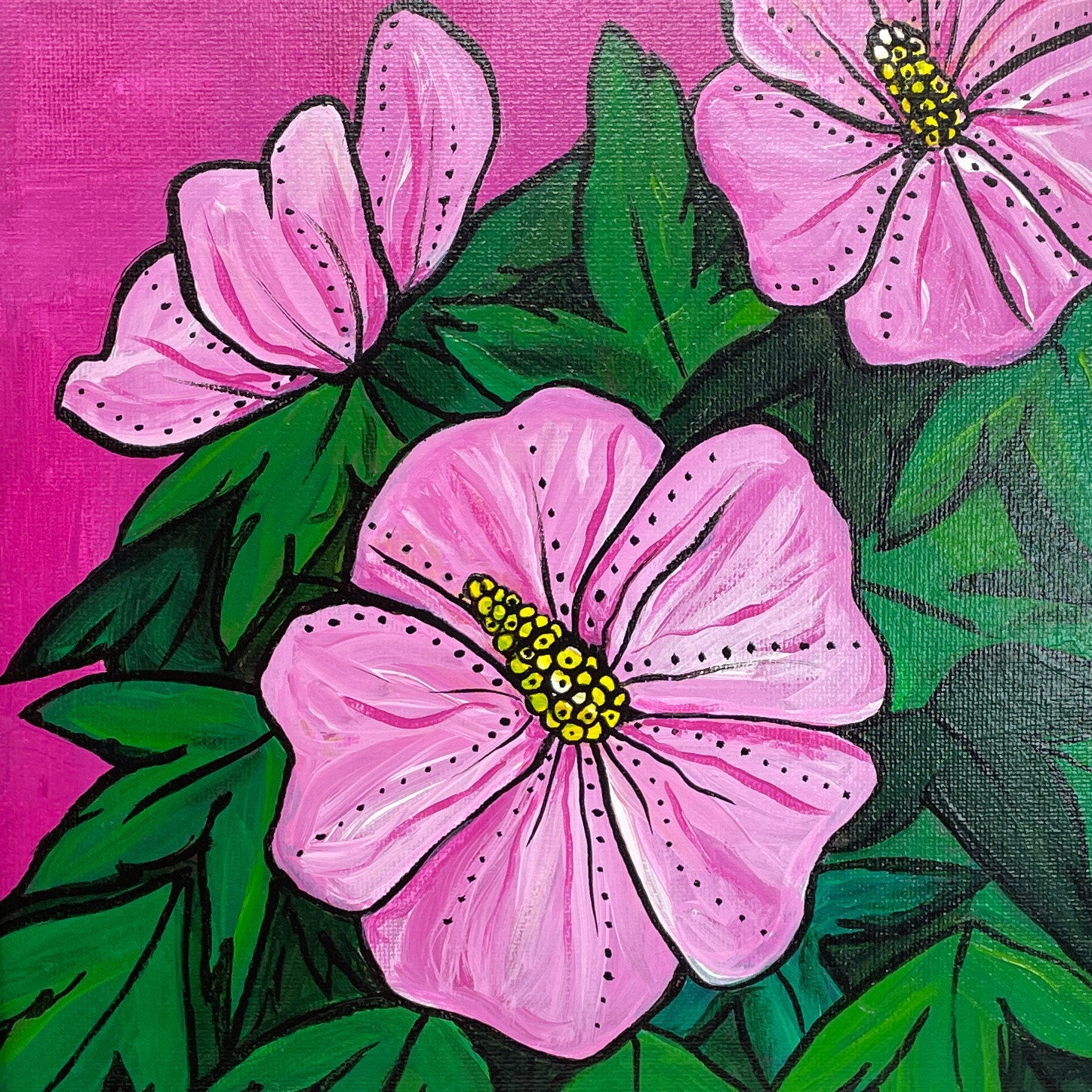 Pink Hibiscus Painting - Bold Bright Colors - Pink Green Original Floral Painting - Tropical 11x14 Framed Acrylic Painting - Claudine Intner