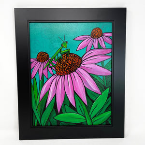 Praying Mantis Art Original - Pink Coneflowers with Praying Mantis Painting - Bright Colors - Happy Art - Insect Bug Lover Gift