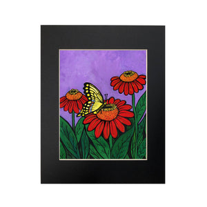 Swallowtail Butterfly Art Print - Butterfly w/ Red Zinnia Flowers - Vibrant Purple Background - Colorful 8x10 Insect Print w/ Optional Mat