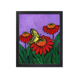 Swallowtail Butterfly Art Print - Butterfly w/ Red Zinnia Flowers - Vibrant Purple Background - Colorful 8x10 Insect Print w/ Optional Mat