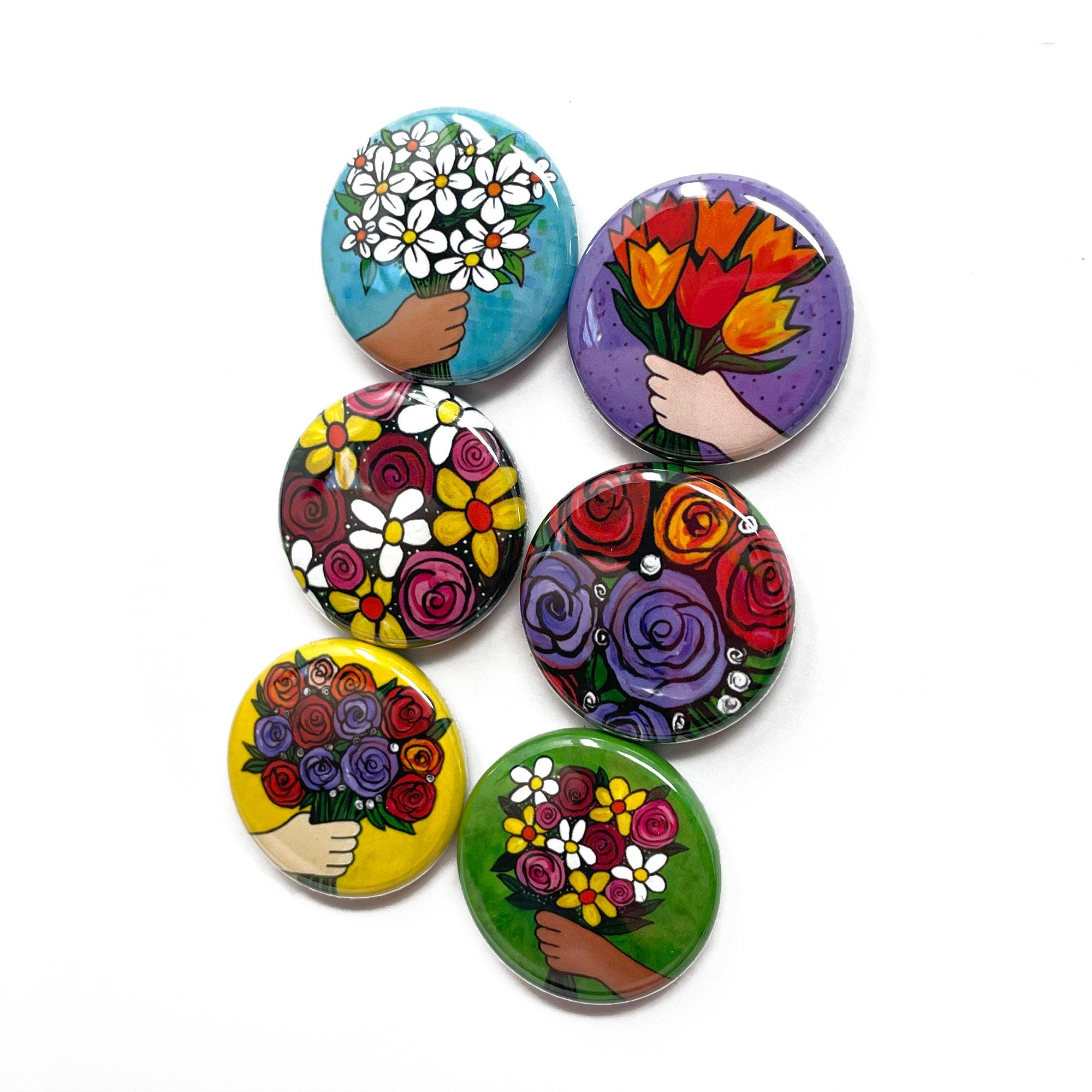 Flower Bouquet Magnets or Pins - Set of 6 Magnets or Pinback Buttons - Flower Party Favors or Stocking Stuffers