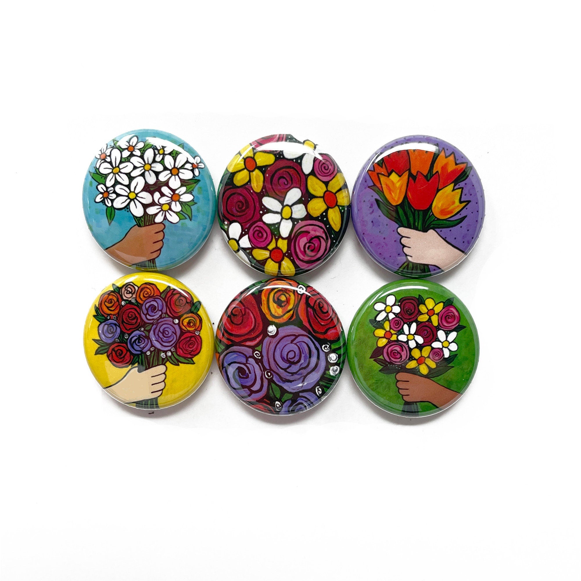 Flower Bouquet Magnets or Pins - Set of 6 Magnets or Pinback Buttons - Flower Party Favors or Stocking Stuffers