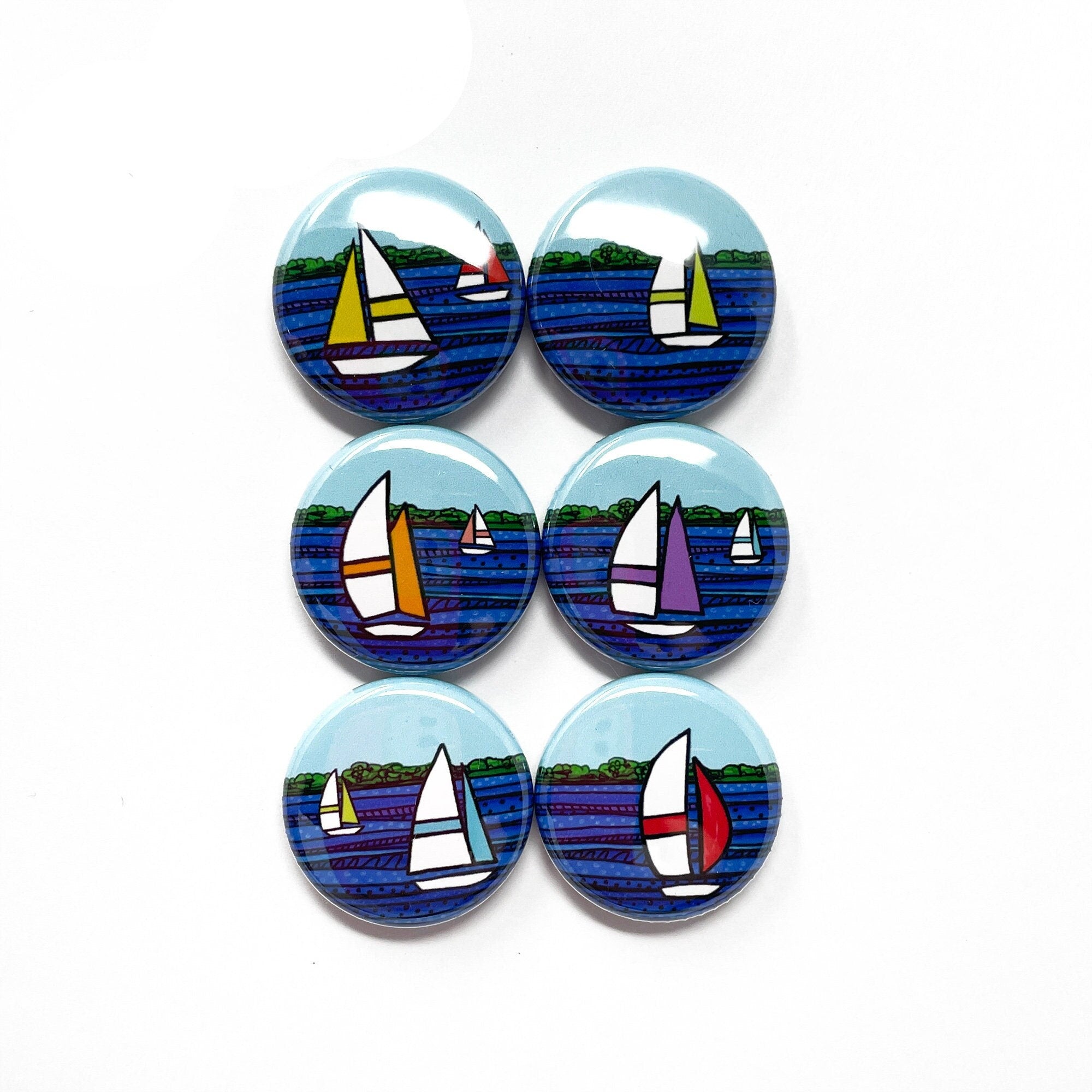 Sail Boat Race Magnet or Pinback Button Set -  1 inch Magnets or Pins - Sailboat, Regatta, Sailing, Nautical Gift, Party Favor