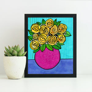Yellow Rose Art Print - Yellow Floral Giclée - Happy Floral Still Life with Vase - 8x10 inches - optional black mat