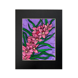 Pink Orchid Art Print -  Floral Art Giclée Print - Pink Flowers - Purple Background - 8x10 inch - optional black mat by Claudine Intner