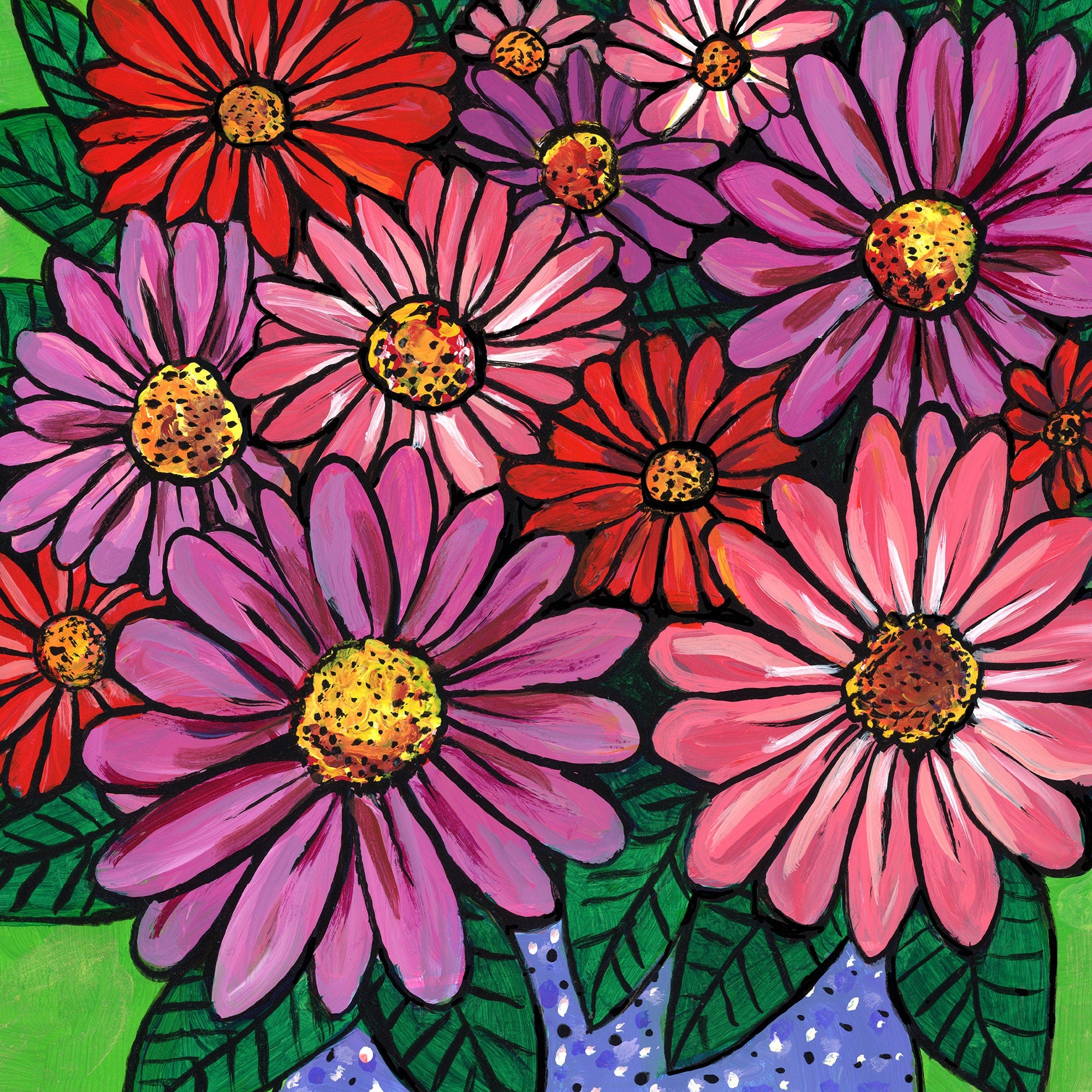 Original Gerbera Daisy Art - Colorful Acrylic Painting featuring Pink, Red, and Purple Flowers in Vase - Still Life - Framed Wall Art