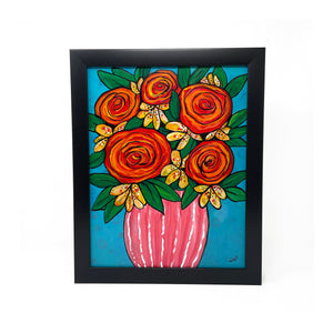 Original Rose and Lily Painting - Vase of Roses and Lillies Still Life - Acrylic Painting in Black Frame - Colorful Cheerful Flower Wall Art