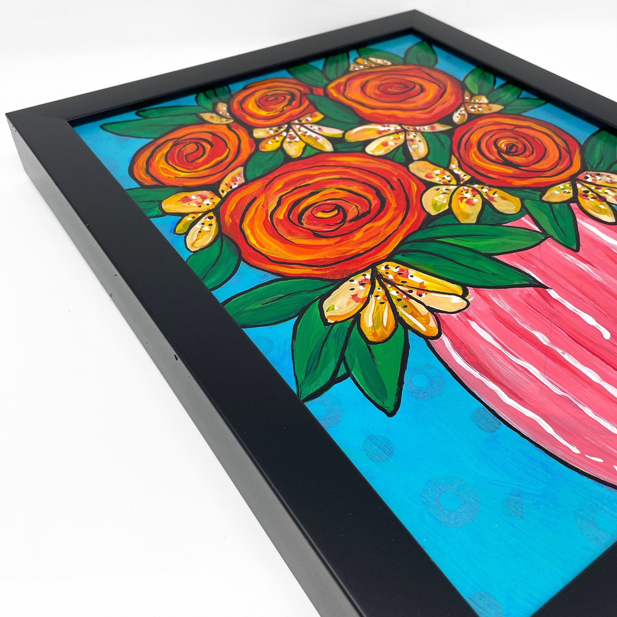 Original Rose and Lily Painting - Vase of Roses and Lillies Still Life - Acrylic Painting in Black Frame - Colorful Cheerful Flower Wall Art