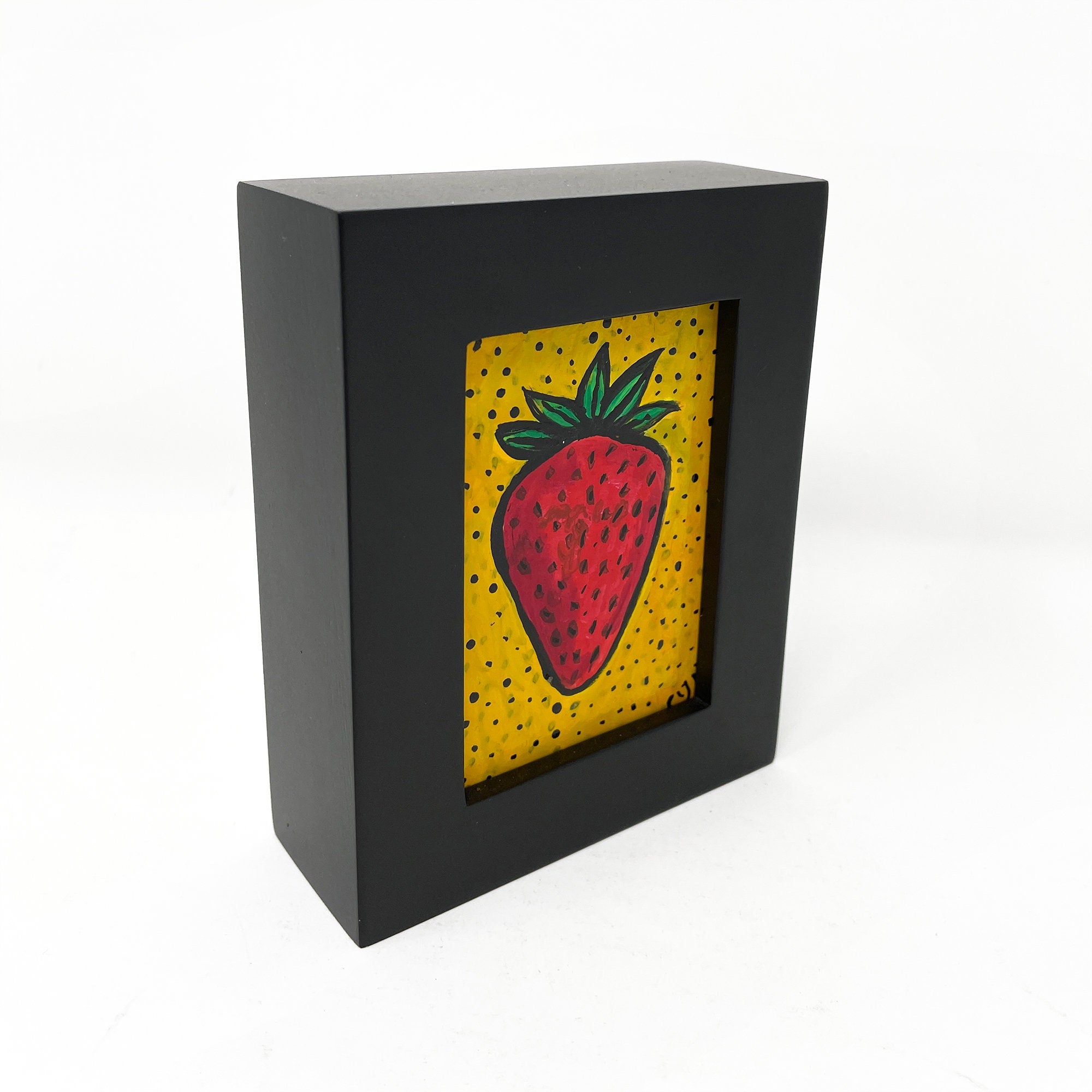 Mini Strawberry Painting - Small Original Art in Frame - Fresh Fruit, Food, Kitchen Wall or Shelf Art