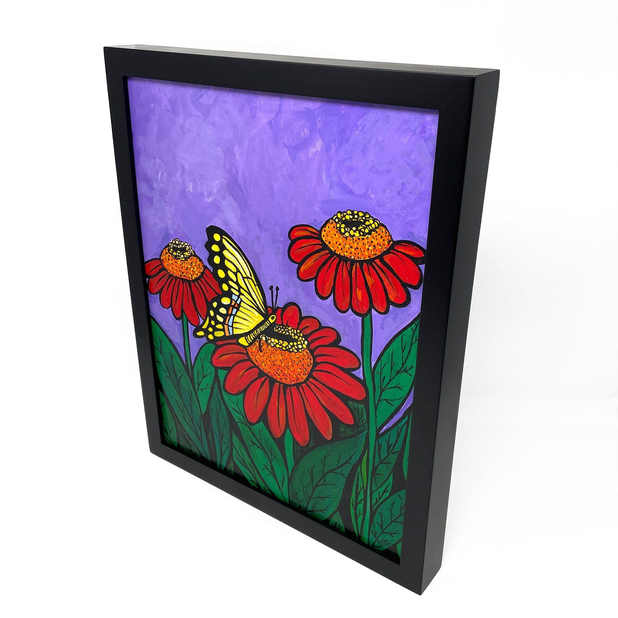 Original Swallowtail Painting - Colorful Swallowtail Butterfly with Zinnia Flowers - Framed Acrylic Painting - Pollinator Art - 11x14