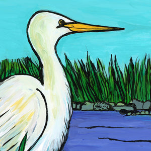 Original Great Egret Painting - Wading Bird Art - Chesapeake Bay - Framed Acrylic Bird Painting - 8x10  inches