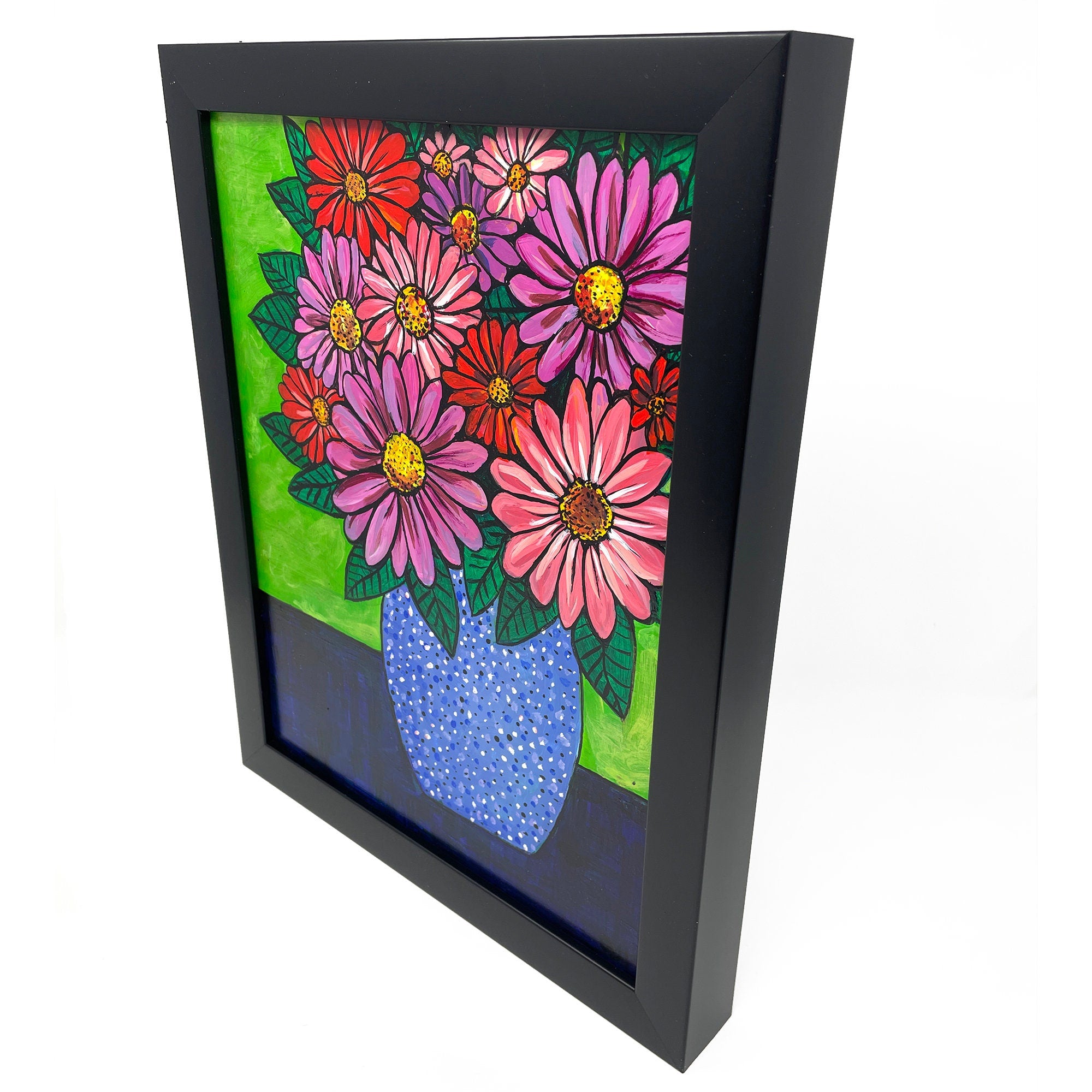 Original Gerbera Daisy Art - Colorful Acrylic Painting featuring Pink, Red, and Purple Flowers in Vase - Still Life - Framed Wall Art