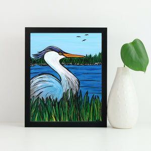 Great Blue Heron Print - Wading Bird Art Print - Chesapeake Bay Inspired Wetlands Giclee - 8 x 10 print