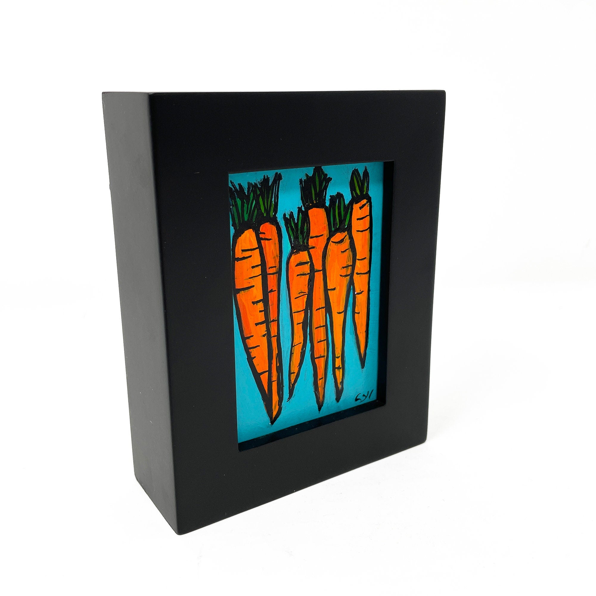 Mini Carrot Painting - Small Vegetable Art in Frame - Original Food Art for Kitchen Wall or Shelf