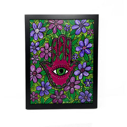 Garden Hamsa Painting - Floral Hamsa with Evil Eye - Original Framed Flower Hamsa Painting - 11x14