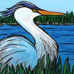 Great Blue Heron Painting - Wading Bird in Marshland Art - Chesapeake Bay Maryland Inspired Original Art - 8x10 Inch Framed Acrylic Painting