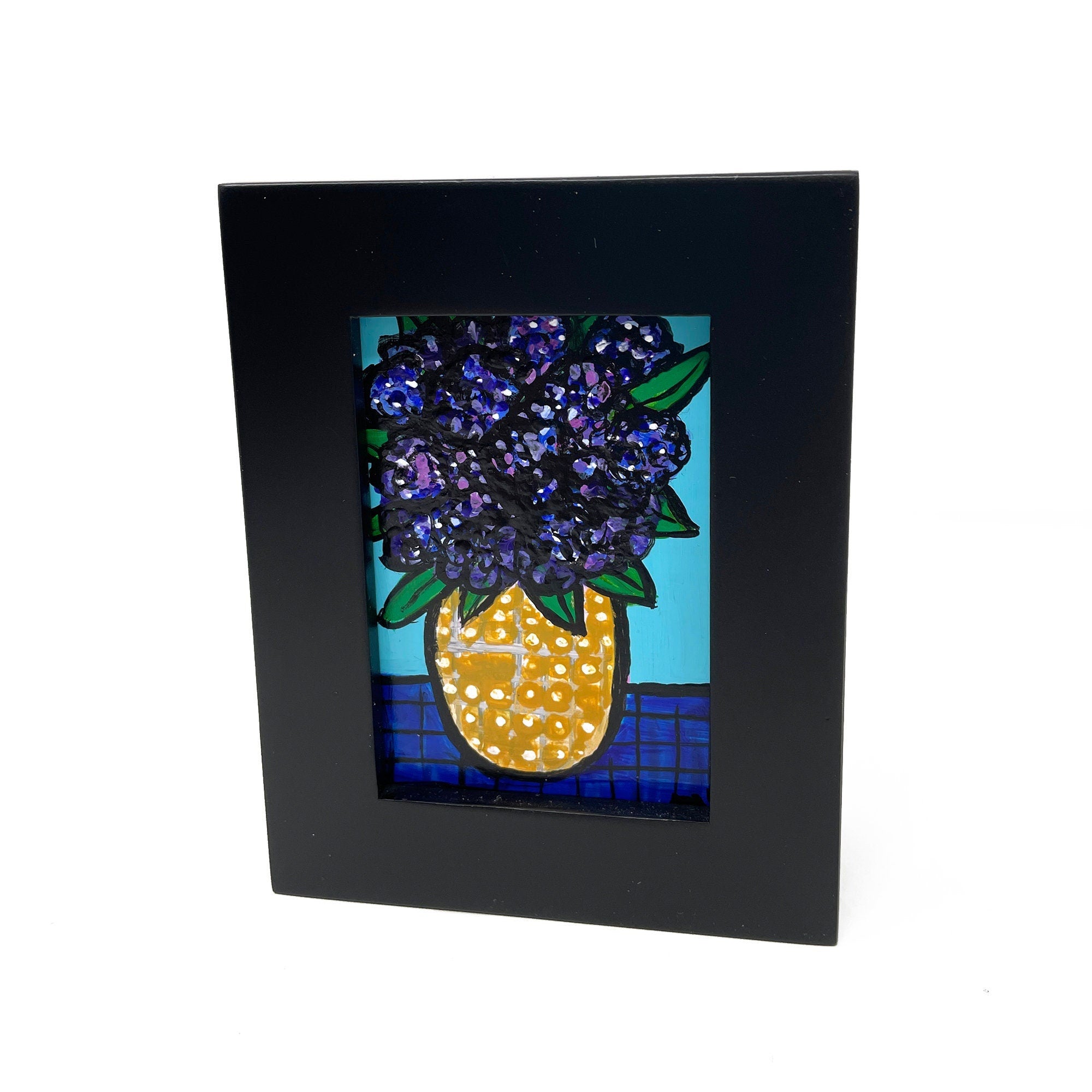 Mini Hydrangea Painting - Small Framed Floral Painting - 2.5 x 3.5 inches - Original Purple Flower Art