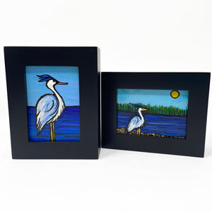 Small Great Blue Heron Art - Framed Mini Painting - Wetlands Bird - Wading Bird - Waterbird - Original Small Acrylic Painting