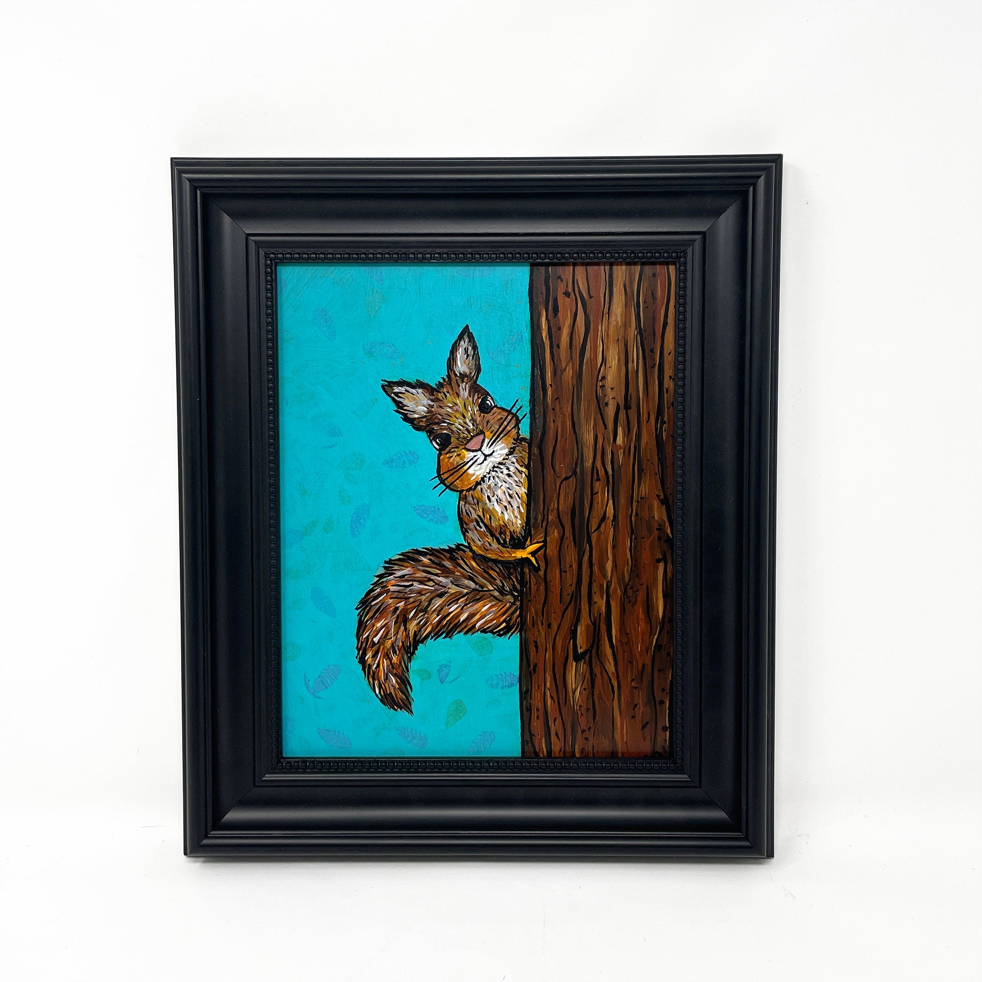 Squirrel Painting - Squirrel in a Tree Original Art - Framed Wildlife Painting - Forest Animal by Claudine Intner