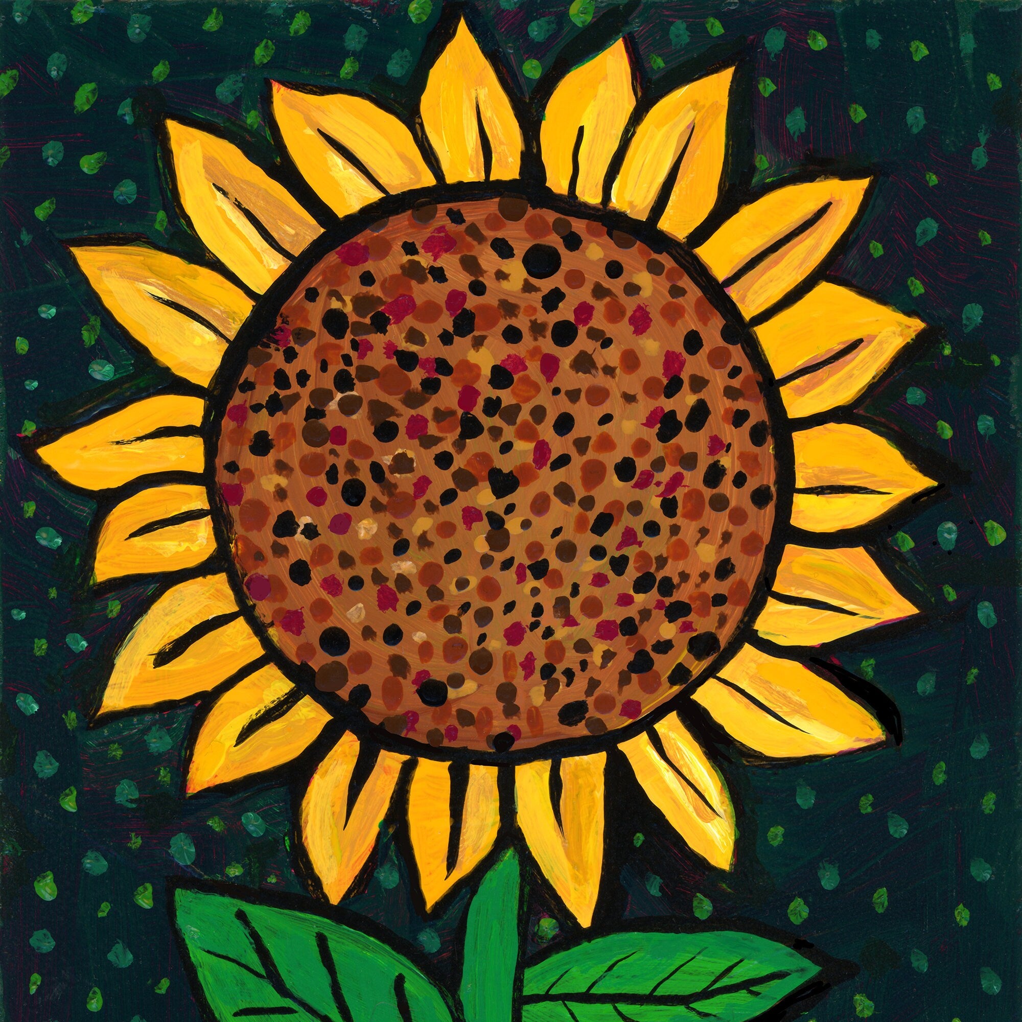 Framed Sunflower Painting - Sun Flower Art - Whimsical Flower Painting in Frame - 5 x 7 inches
