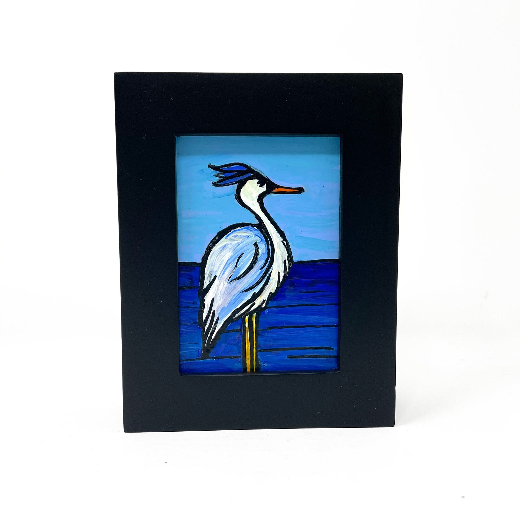Small Great Blue Heron Art - Framed Mini Painting - Wetlands Bird - Wading Bird - Waterbird - Original Small Acrylic Painting