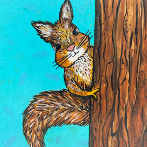 Squirrel Painting - Squirrel in a Tree Original Art - Framed Wildlife Painting - Forest Animal by Claudine Intner