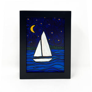 Night Sail Painting - Original Nautical Art Inspired by the Chesapeake Bay - 5 x 7 framed painting - Sailboat Decor - Sailing Gift