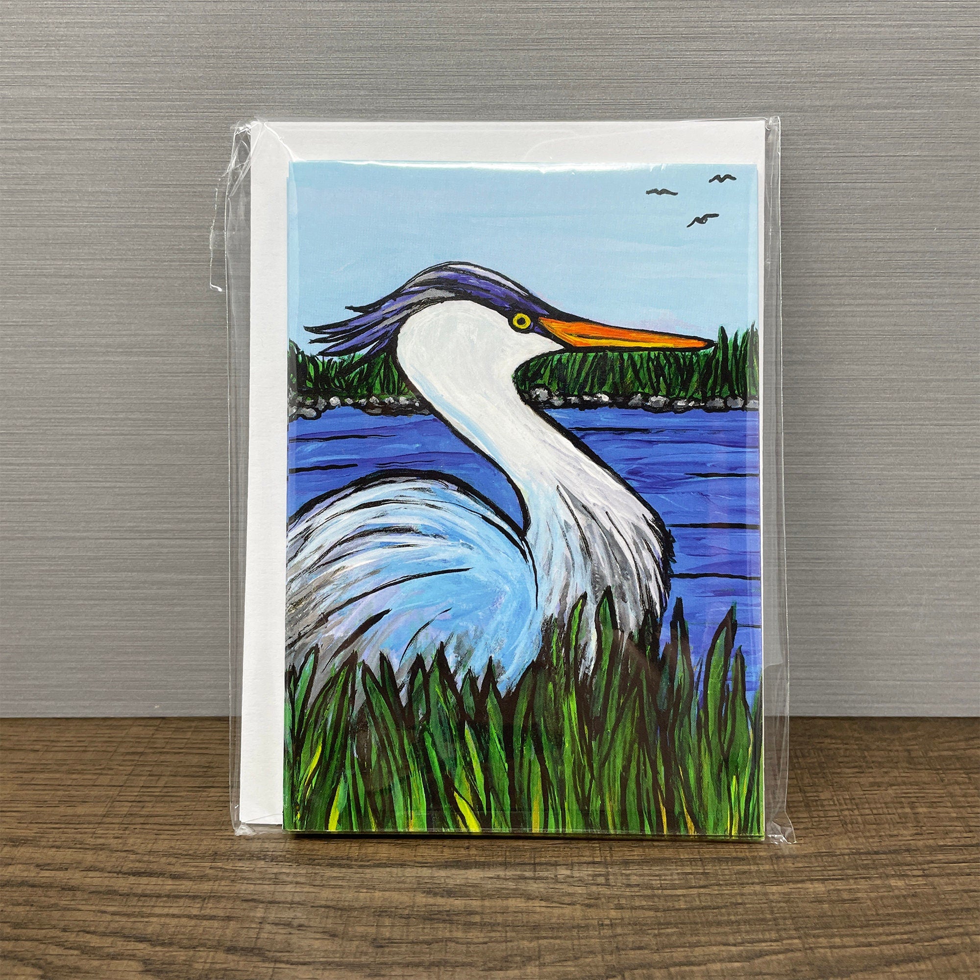 Blank Note Cards with Great Blue Heron Bird - Notecard Envelopes Set of 4 - Water Wading Bird Blank Greeting Card