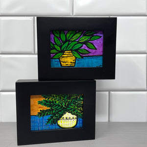 Pair of Mini Original Plant Paintings - Instant Collection for Wall, Desk, Shelf - Colorful Small Framed Art Set