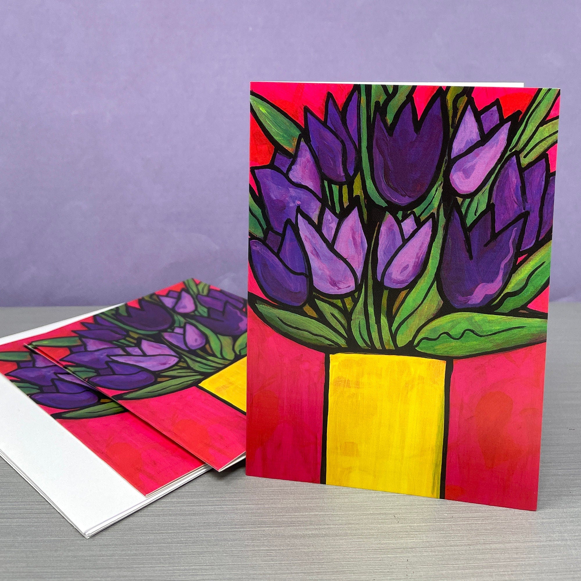 Purple Tulip Card Set with Envelopes - Set of Blank Flower Notecards  for Any Occasion, Thank You, Thinking of You, Gift Card, Teacher Gift