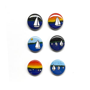 Sailboat Magnets or Pins - Set of 6 Fridge Magnets or Pinback Buttons - Sunrise, Sunset, Day Sail Boats, Sailing, Sailor Nautical Gift
